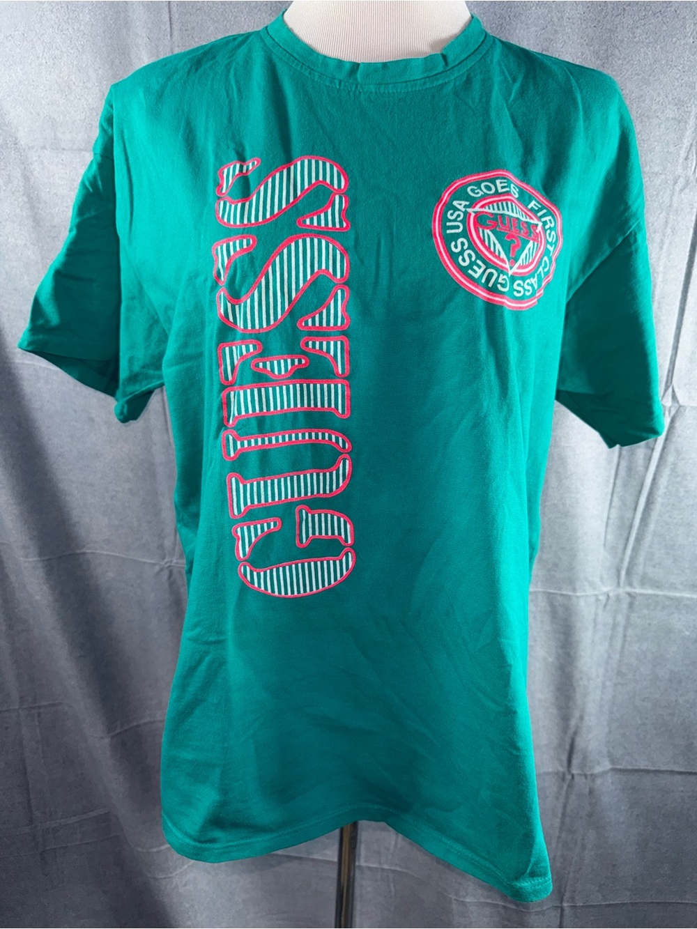 2470-Vintage GUESS Teal Graphic Logo Short Sleeve Tee with Pink Accents